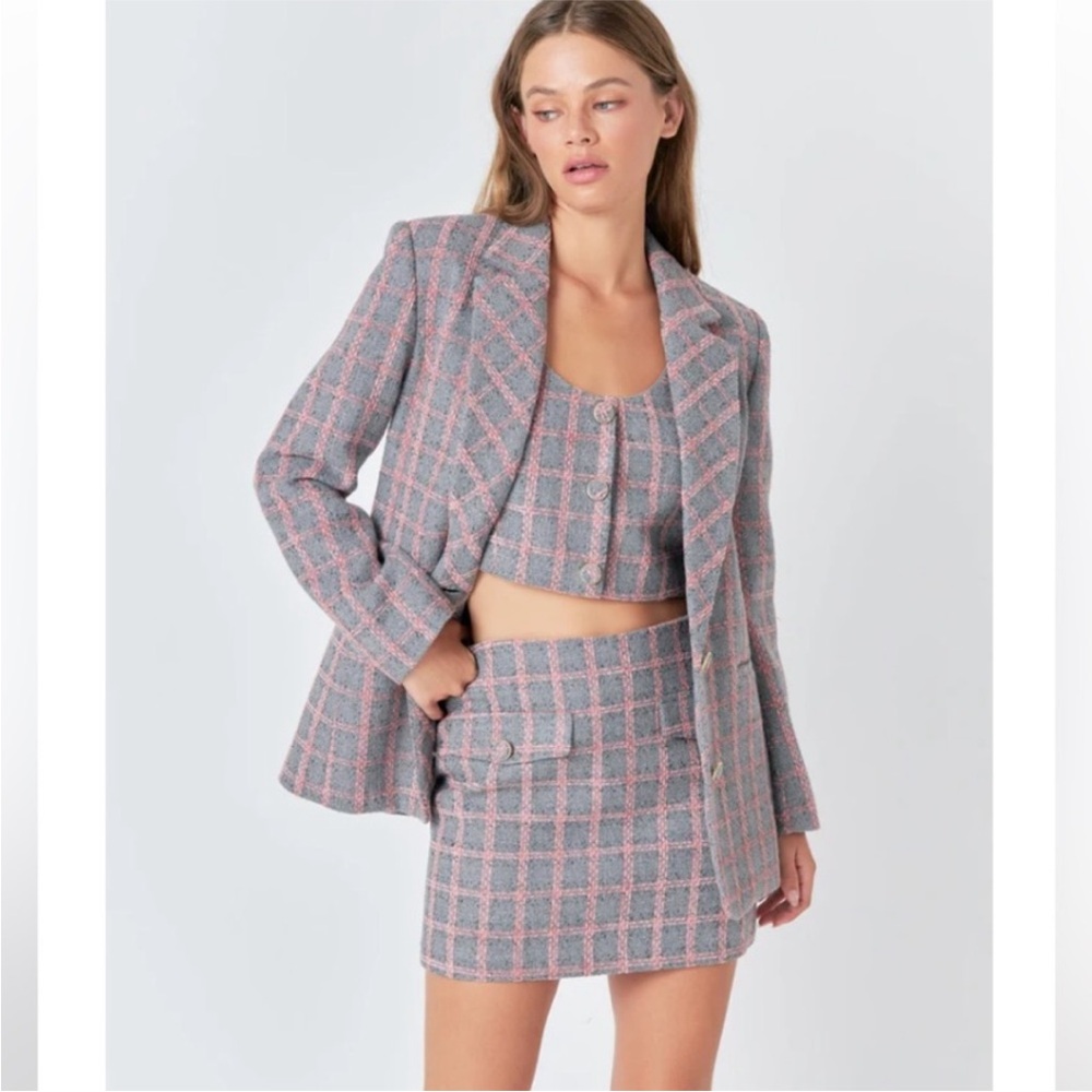 BNWT Endless Rose Pink and Gray Plaid Crop Top Skirt Set Sz Large